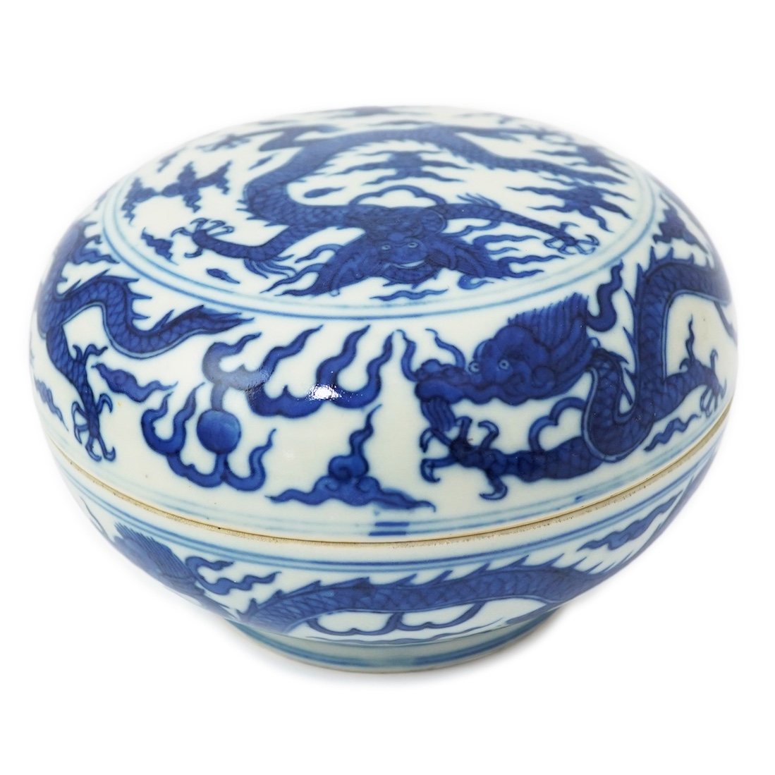 A Chinese blue and white ‘dragon’ box and cover, Jiajing six character mark, 19th century